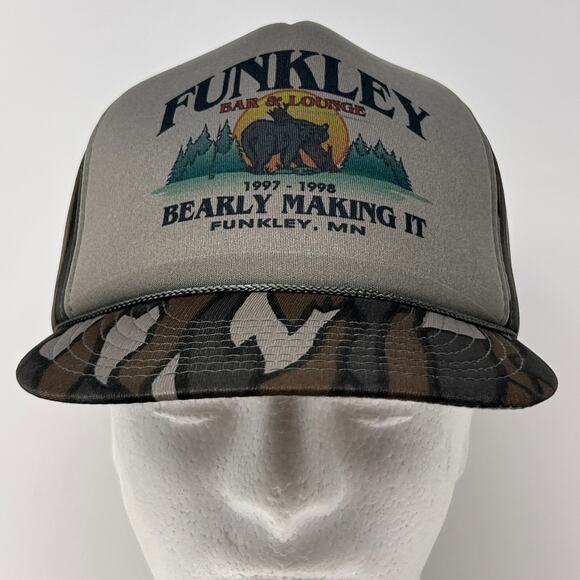 Vintage 90s Funkley Bar & Lounge Hat Cap Gray Camouflage Minnesota Snapback - Picture 2 of 9